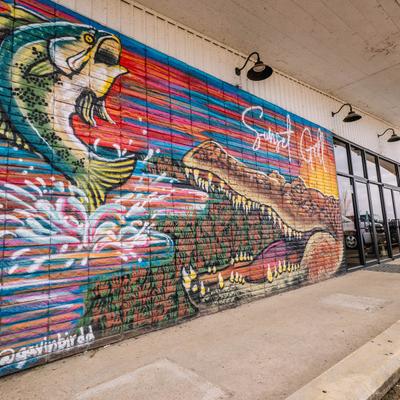 Exterior, restaurant front, mural art wall.