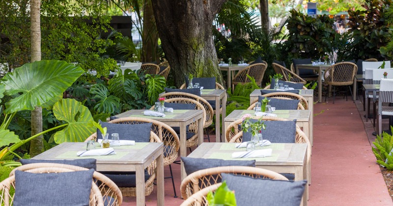 Exterior, tables and chairs ready for guests