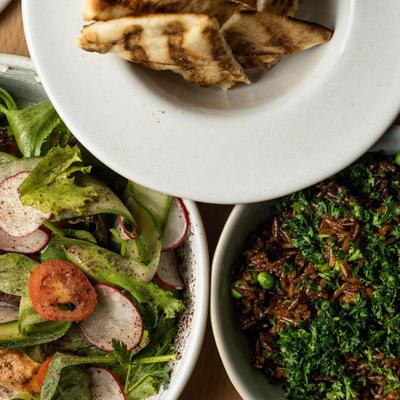 A top view of served meals.