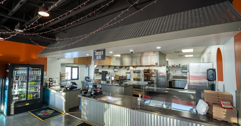 Food counter, kitchen behind