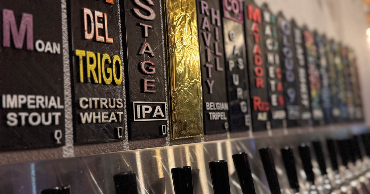 Lineup of tap handles featuring various labels, close-up