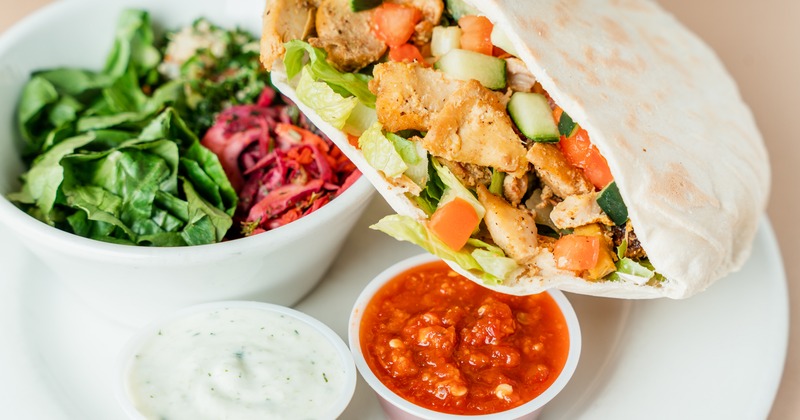 Steak Shawarma plate, hummus, quinoa salad and yellow rice