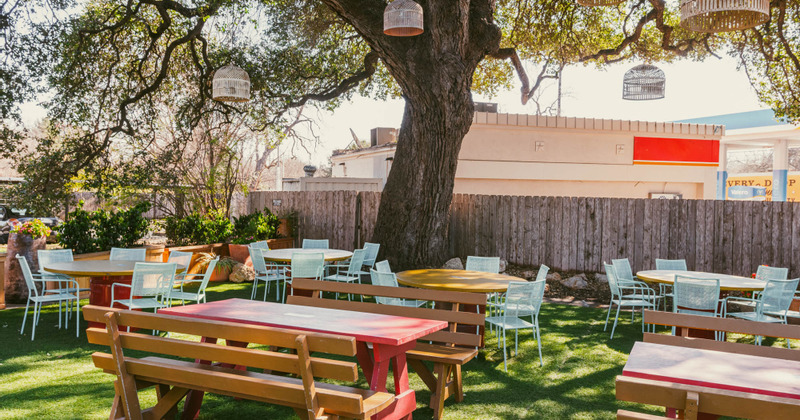 Patio tables ready for guests
