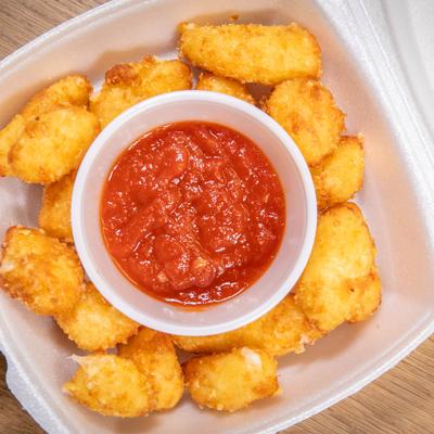 Fried cheese curds and marinara sauce.