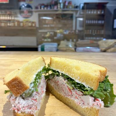 Crab salad sandwich with lettuce.