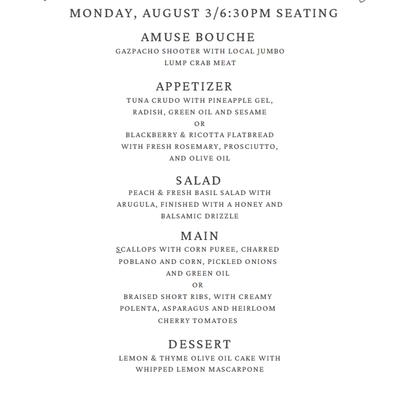 wine pairing menu August 3rd 2026 6:30pm 5 course meal wine tasting.