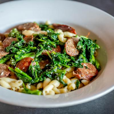Fusilli pasta with Italian sausage and broccoli rabe.