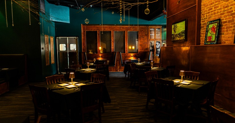 Interior, diner area, night atmosphere, tables, chairs