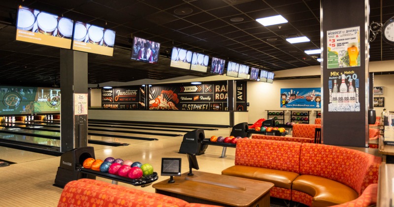 Bowling alley, seating and lanes