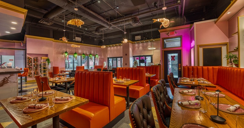 Interior, tables, chairs and seating booths