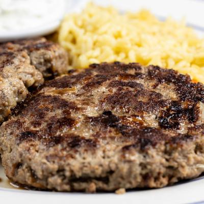 Beef patty and rice.