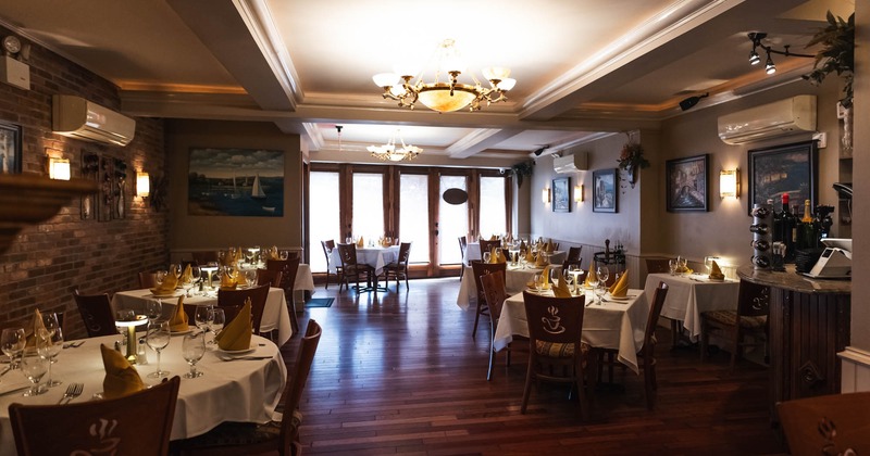 Interior, wide open view of a seating area