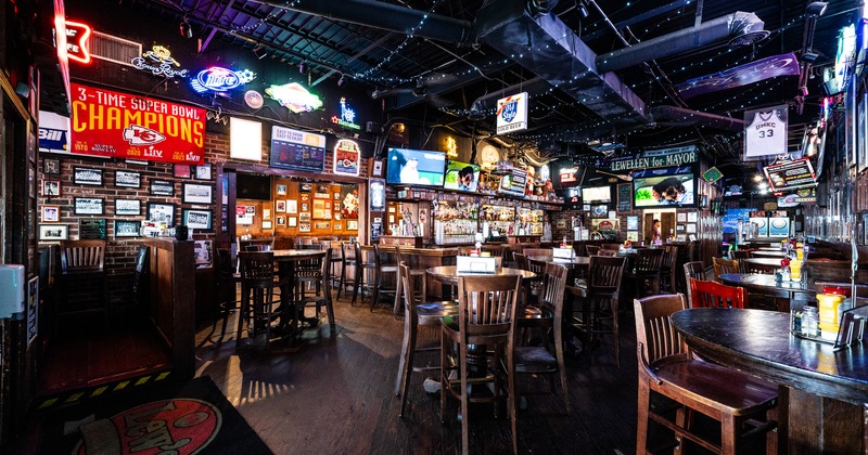 Bar, interior, wide view, tables, chairs, light screens