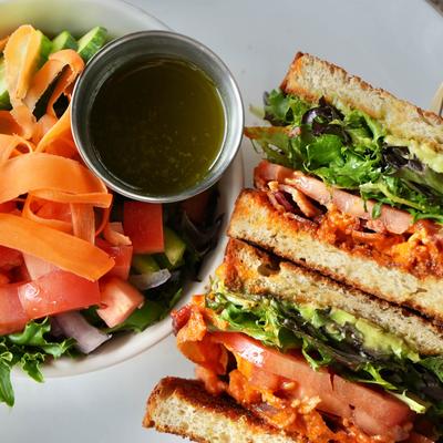 BLT sandwich served, closeup.