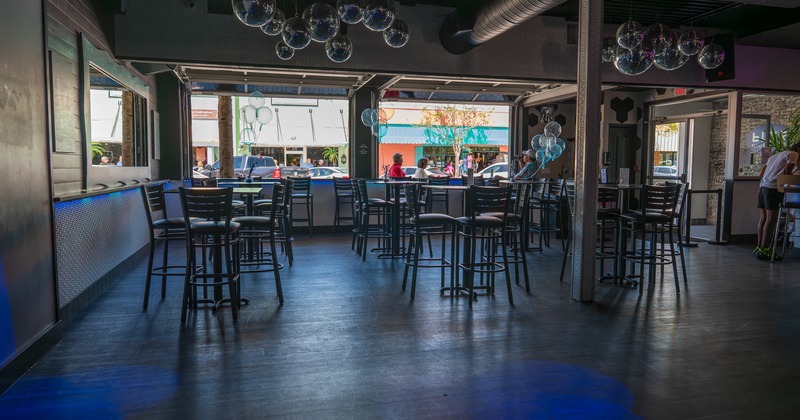 Bar area, bar tables and stools