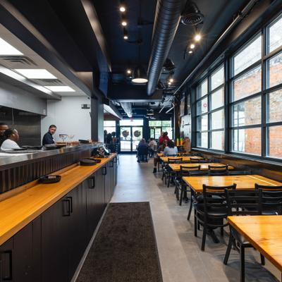 Restaurant interior, dining area.