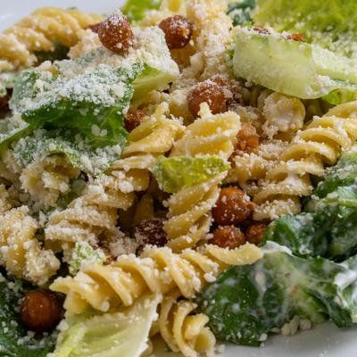 Chickpea Caesar Pasta Salad, close up.