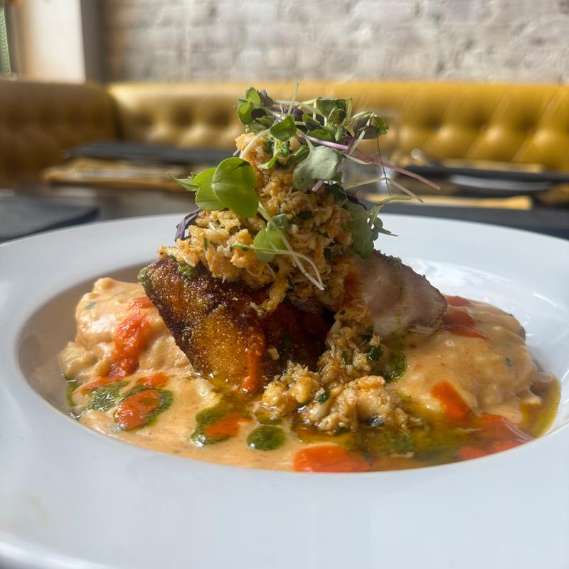 Biscuits & Cajun Crab Gravy with Fried Redfish Fillet photo