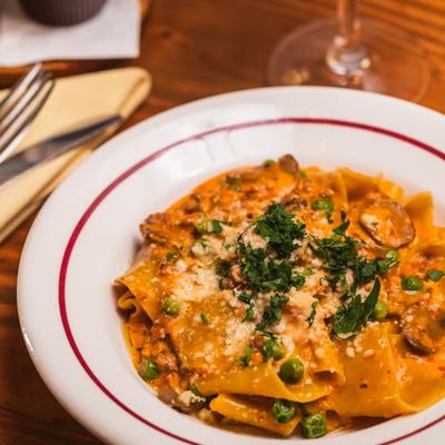 Pappardelle with sausage and mushrooms.