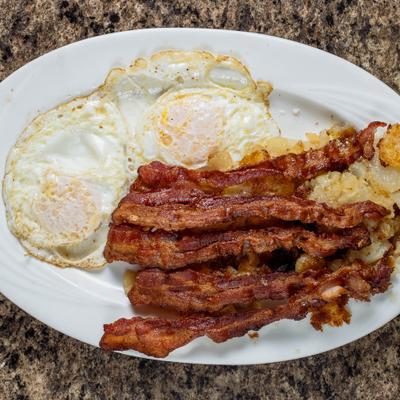 Fried eggs and turkey bacon.