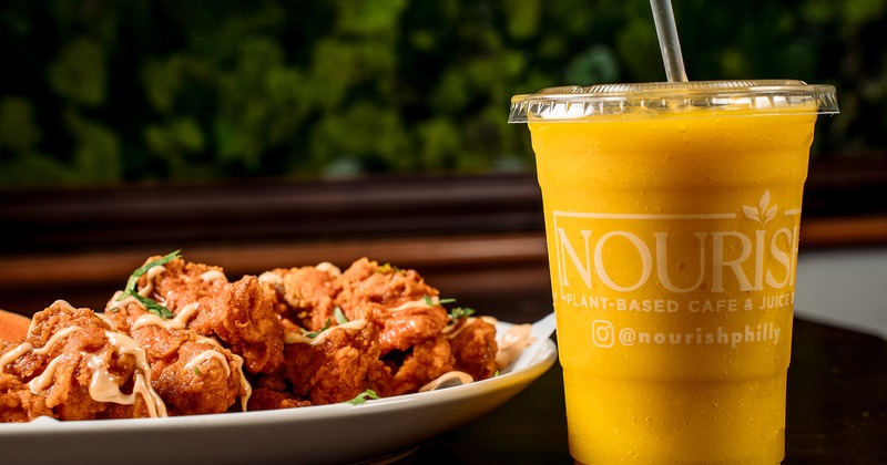 Battered king oyster mushrooms and a Pineapple Smoothie