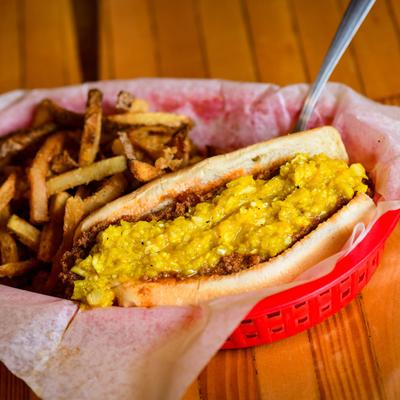 Chili and slaw coney and fries.