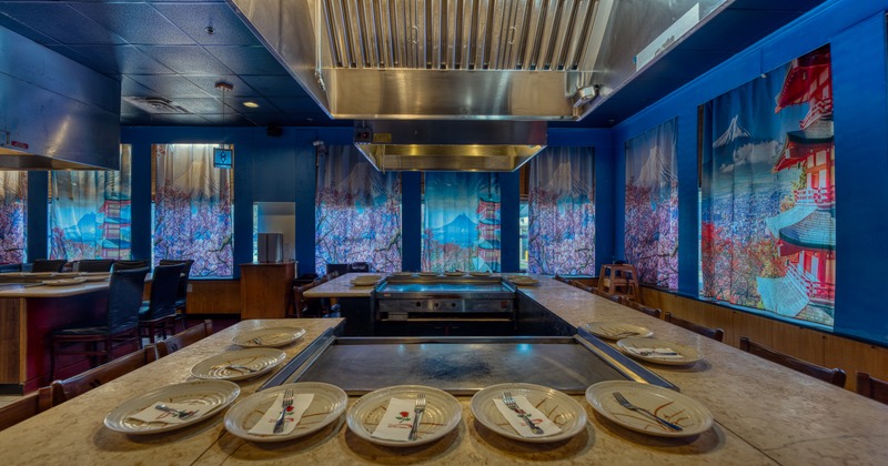 Sushi bar, close up, plates all around