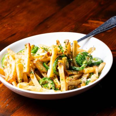 Fries with bone marrow butter and jalapenos.