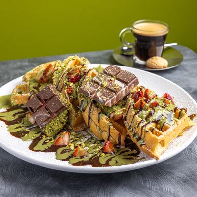 Dubai Chocolate Waffle served alongside a shot of espresso.