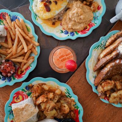 Colorful breakfast spread.