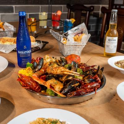 Various food and drinks on the table.