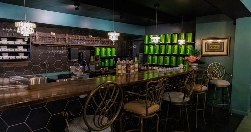 Interior, bar area, bar and bar stools