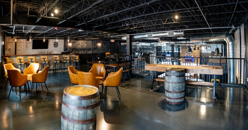 Interior, gallery, bar, tables, armchairs, barrels