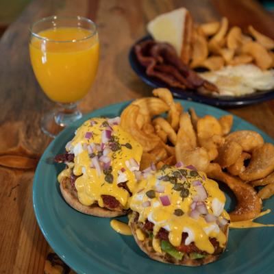 Meals and orange juice.
