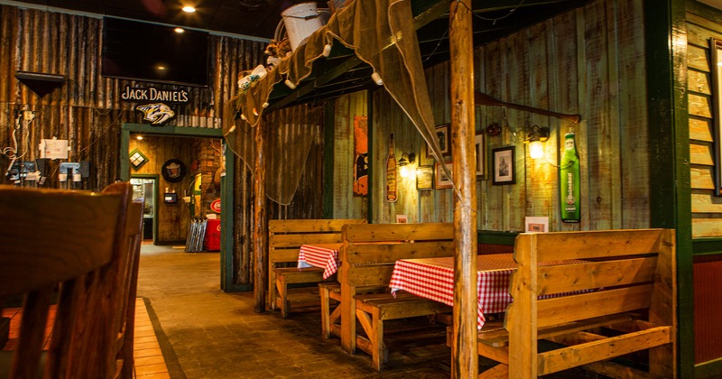 Wooden interior design, seating, tables