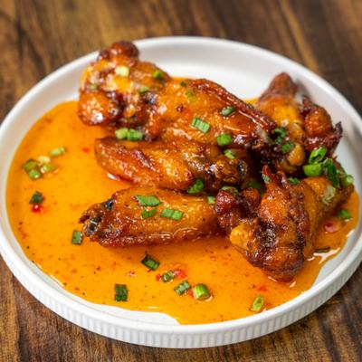 Thai chicken wings in sauce on a white plate.