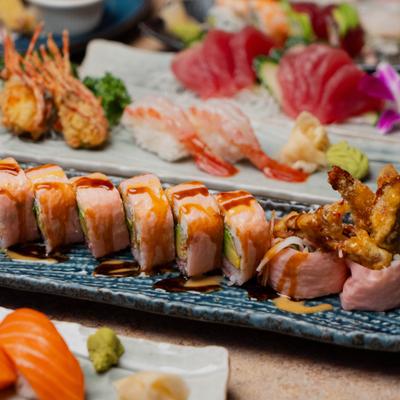 Various food plated and served on the table.