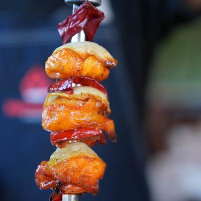 Skewered food.