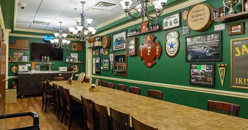 Interior, private party room, long dining table with chairs