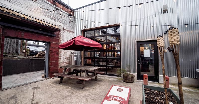 Exterior area, conjoined wooden table and benches