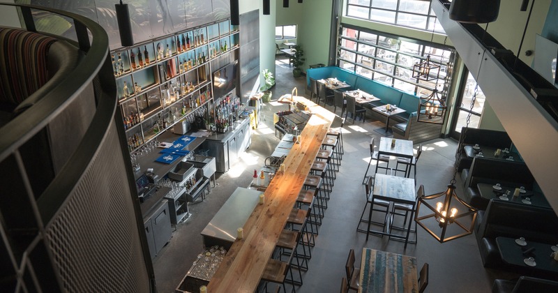 Modern, industrial style restaurant interior, view from the upstairs