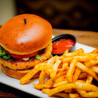 Fish burger with fries and dip