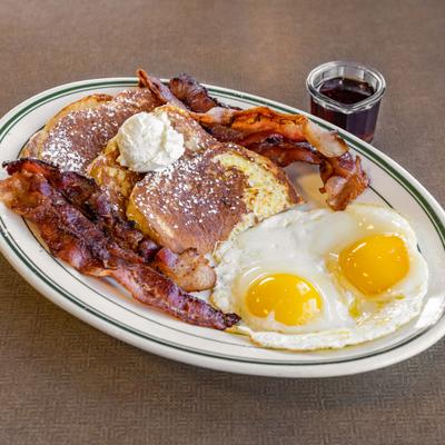 French Toast, 2 eggs and 4 slices of bacon.