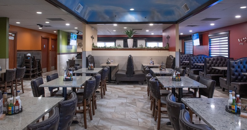 Interior, diner area, tables and chairs, wide view