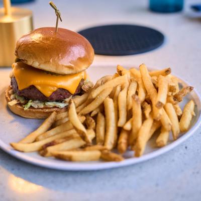 Cheeseburger with lettuce and pickles served with fries.