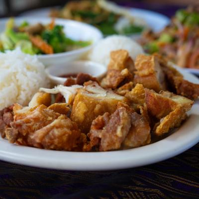 Mix Vegetables Stir-Fried and Fried Chicken, dish close up.