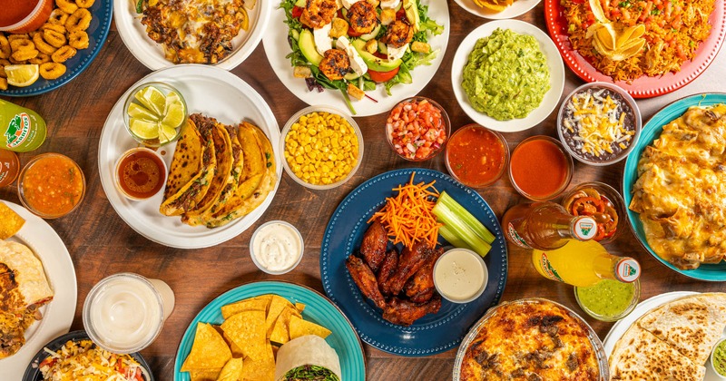 Various food and drinks on the table