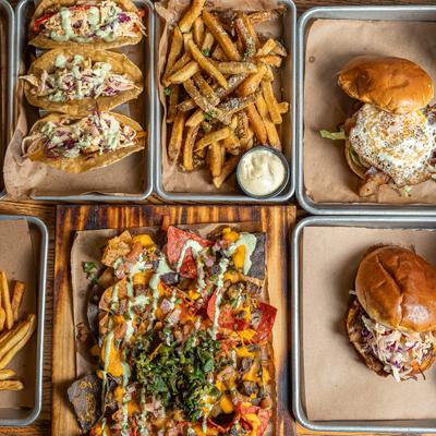 Assortment of food plates, top view.
