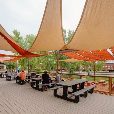 Patio, seating space, sun shade sails