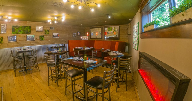 Interior, high tables and chairs